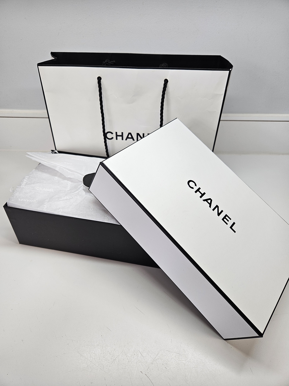 Authentic CHANEL White Logo Two Piece Gift Box with Tissue Bag 8.75" x 5.5" x 3"